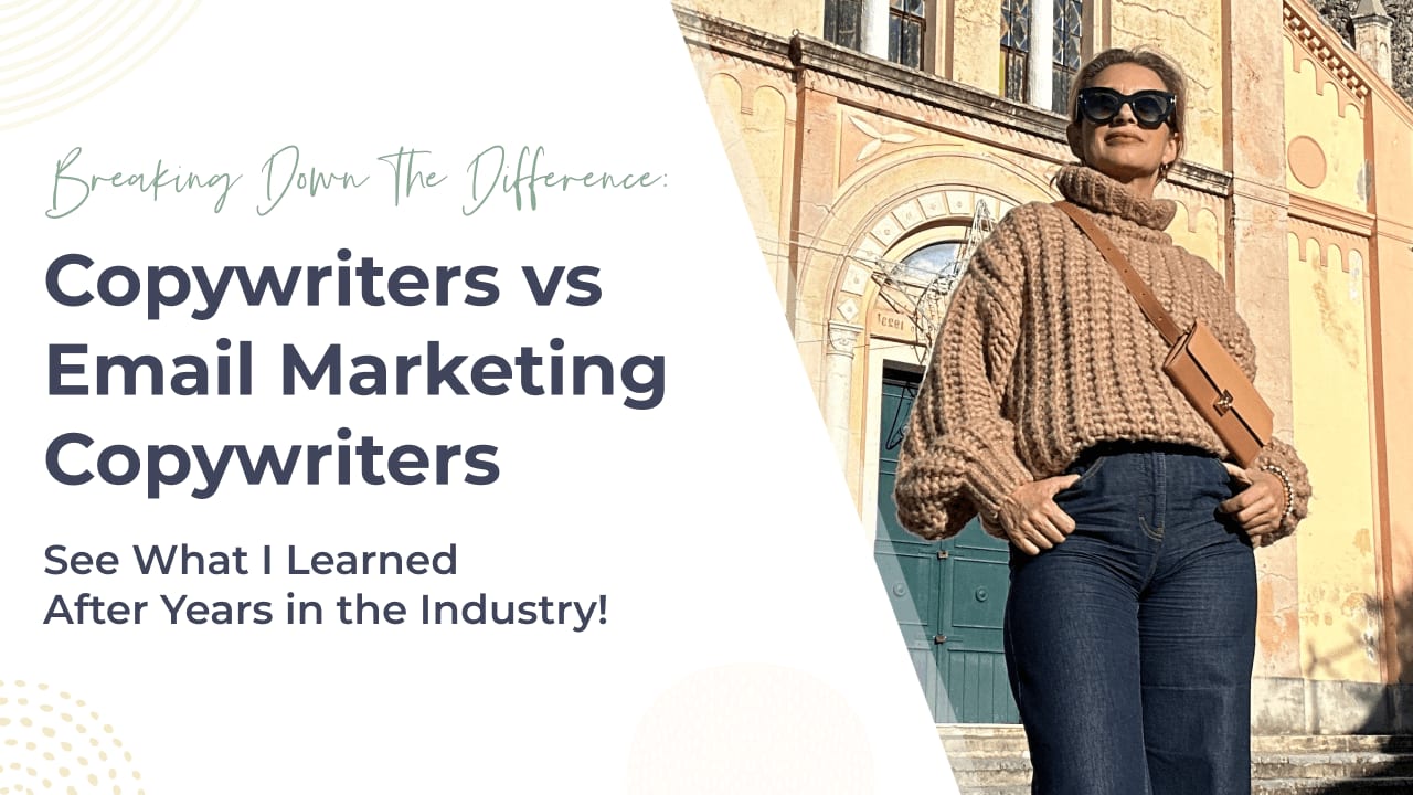 Title card reading 'Copywriters vs Email Marketing Copywriters', next to a photograph of Kinga Dow